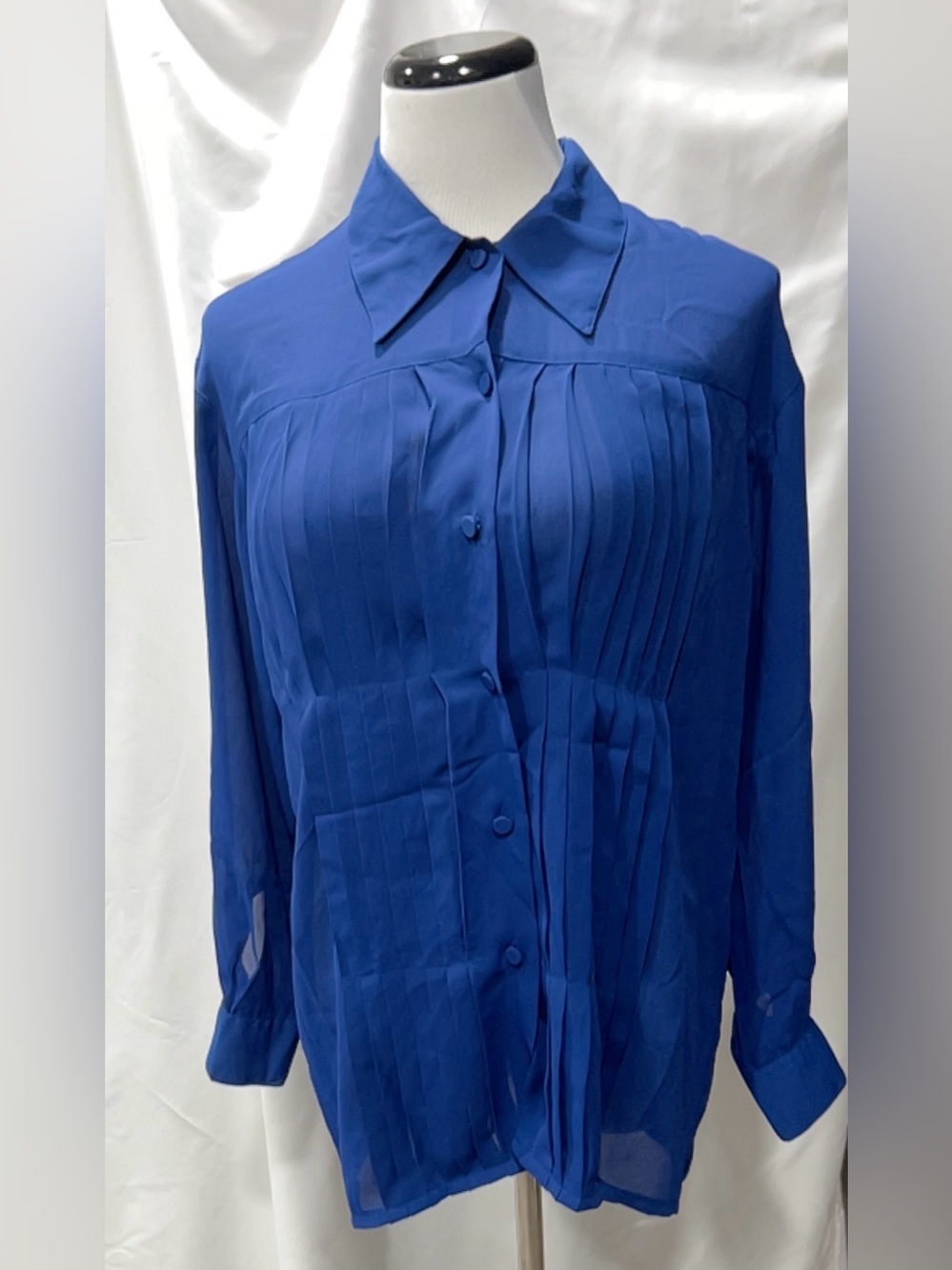 Vintage Esprit Womens Small Blue Pleated Long Sleeve Button Up Shirt Top Blouse